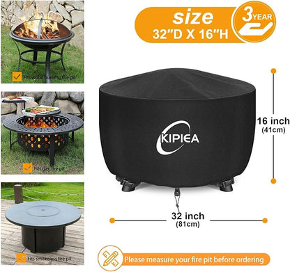 Kipiea Round Fire Pit Cover 100% Waterproof, 32" D x 16" H Outdoor Firepit Cover, Upgraded 600D Strong Tear and UV Resistant, Black