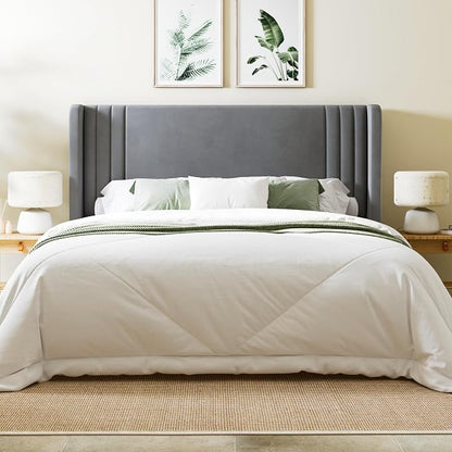 Allewie Queen Size Velvet Platform Bed Frame with Vertical Tufted Wingback Headboard, Easy Assembly, Under Bed Storage, No Box Spring Required, Modern Style, Grey