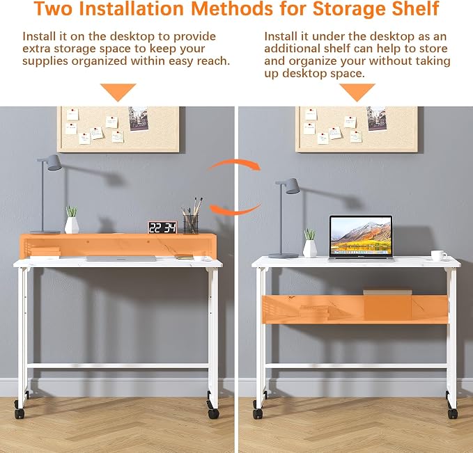 Gezen Folding Desk With Storage Shelf, Small Rolling With Wheels, Mobile Couch Sofa Side Table Bed for Home Office Small Space, White Marble, 39.4"