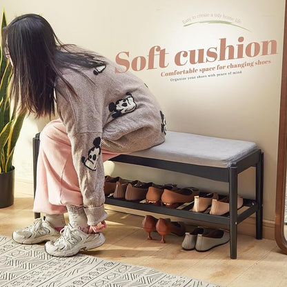 Shoe Bench Entryway Bamboo 2-Tier Shoe Rack with Cushion Padded Seat Shoe Bench Organizer Stable for Entry, Hallway, Living Room, Bedroom, Closet (39.4 * 11.4 * 16.5IN, Black-Gray)