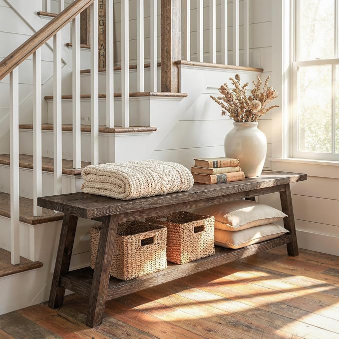 Solid Wood Entryway Bench with Shoe Storage Shelf, 62.99" Long Rustic Hallway Shoe Bench, Natural Wood Mudroom Window Seating, 400 lbs Capacity