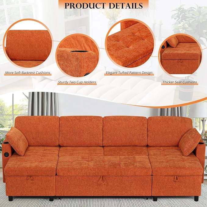 110 Inch Sleeper Sofa Bed w/7 Angles Adjustable Backrests, Chenille sectional Sofa Bed w/USB Port, Convertible U-Shaped Couch Bed w/Storage Chaise & Thicker Cushions for Living Room, Orange
