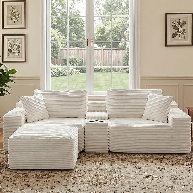 ivoros 111 Inch Modular Sectional Sofa Couch, Oversized Modern Cloud Couch for Living Room, L Shape Couches with Ottomans, USB Ports and Cup Holders, Beige Corduroy Boneless Sofas, Sofa in a Box