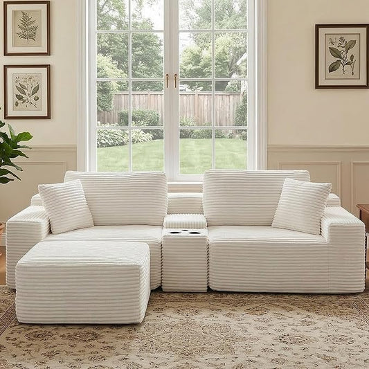 ivoros 111 Inch Modular Sectional Sofa Couch, Oversized Modern Cloud Couch for Living Room, L Shape Couches with Ottomans, USB Ports and Cup Holders, Beige Corduroy Boneless Sofas, Sofa in a Box