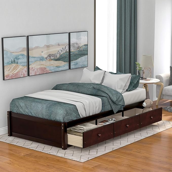 Merax Wood Bed Frame with 3 Drawers Twin Storge Day Bed with Wood Slat Support Space Saving Cherry