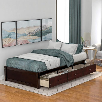 Merax Wood Bed Frame with 3 Drawers Twin Storge Day Bed with Wood Slat Support Space Saving Cherry