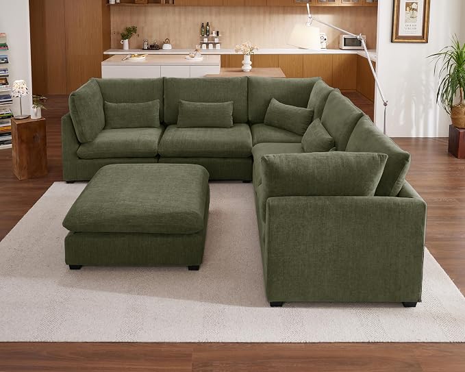 115" Oversized Chenille Couch Modular Sectional Sofa, Washable Cloud Couch Sectional with Ottoman, 6 Seater Sectional Couches for Living Room, Fully Cover Removable, V Shaped & Corner, Chenille, Green