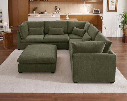 115" Oversized Chenille Couch Modular Sectional Sofa, Washable Cloud Couch Sectional with Ottoman, 6 Seater Sectional Couches for Living Room, Fully Cover Removable, V Shaped & Corner, Chenille, Green