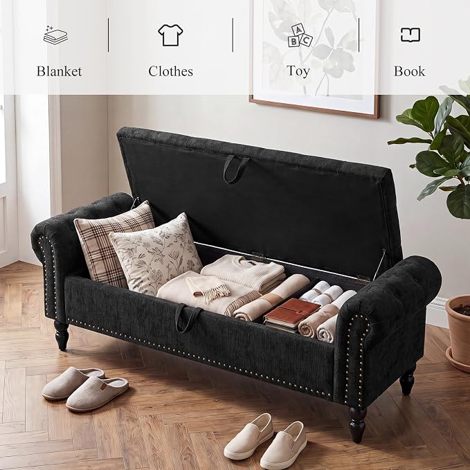 Furniliving 63” End of Bed Storage Bench, Bedroom Bench with Button-Tufted, Upholstered Storage Ottoman Benches Window Bench with Storage, Chenille Bench for Living Room, Entryway, Black