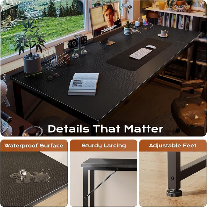 PRAISUN 63 X 30 Inch Extra Deep Desk with Power Outlets | Long Computer Desk for Bedroom, Office Desk for Work from Home, Writing Study Gaming Table, Stable Metal Frame, Black
