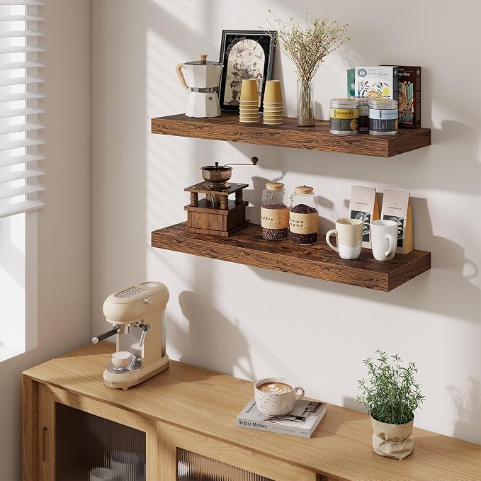 Fun Memories Floating Shelves for Wall, 32 Inch Long Floating Shelves Set of 3, 32 x 10 Wooden Shelves for Wall, Large Storage Shelves, Hanging Shelves for Bathroom Kitchen Bedroom, Rustic Brown