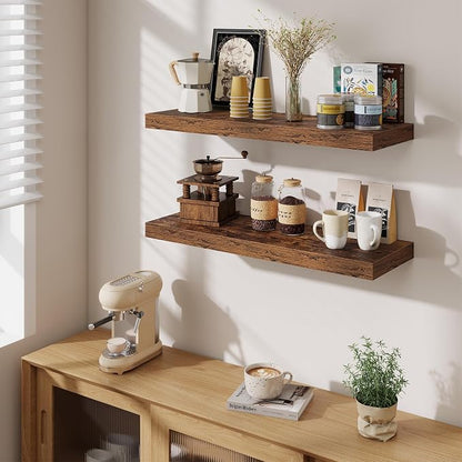 Fun Memories Floating Shelves for Wall, 32 Inch Long Floating Shelves Set of 3, 32 x 10 Wooden Shelves for Wall, Large Storage Shelves, Hanging Shelves for Bathroom Kitchen Bedroom, Rustic Brown