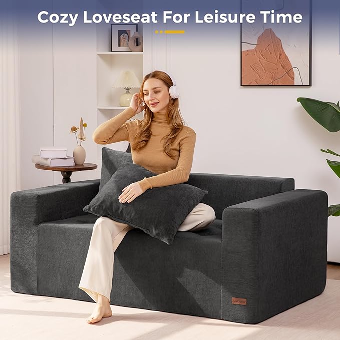 MAXYOYO Modular Sofa Couch, 61" Loveseat Boneless Cloud Couch with Deep Seat, Chenille Upholstered Living Room Comfy Sofa Chair for Living Room, No Assembly Required, Dark Grey