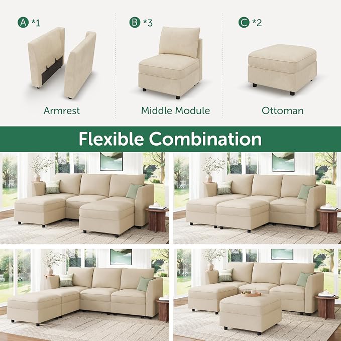 HONBAY Modular Sectional Sofa with Storage U Shaped Sectional Sofa, Convertible Couches for Living Room - Beige