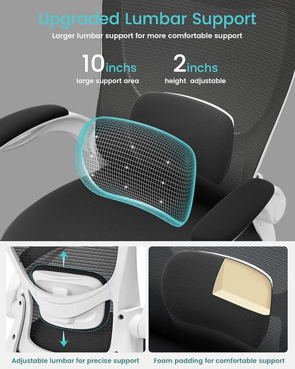MUXX.STIL Office Chair, Ergonomic Desk Chair with Adjustable Lumbar Support and Flip up Armrest, Breathable Mesh Computer Chair for Home Office, White
