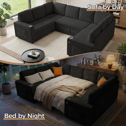 Sectional Sleeper Sofa with Pull Out Bed, 8 Seats U Shaped Modular Sectional Sofa with Storage, USB Ports, Cup Holders, Plush Corduroy Cloud Sectional Couches for Living Room, Black