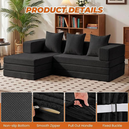 6-in-1 Boneless Couches Modular Sectional Sofa | Cloud Couch Sectional & Tri-Folding Mattress | Corduroy Pet-Friendly Convertible Sofa Bed with 800LB Capacity Living Room, Apartment, Guest Room
