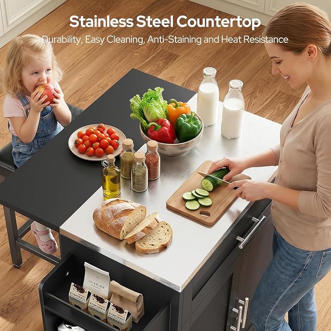 Concho 41'' Kitchen Island with Seating and Stainless Steel Countertop, Rolling Kitchen Carts on Wheels with Folding Drop Leaf, Bar Stool, Power Outlet, Spice/Towel Rack, Black