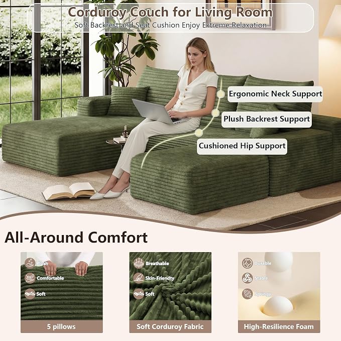 95" Cloud Sectional Couch U-Shaped Chaise with Ottoman, Corduroy Boneless Couch for Living Room Bedroom, Deep-Seat Upholstered Modular Cloud Sofa, No Assembly Required (Green, Left Facing Chaise)