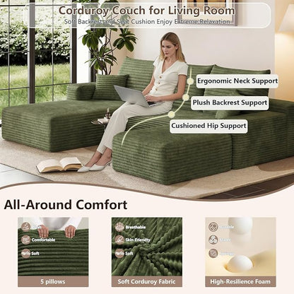 95" Cloud Sectional Couch U-Shaped Chaise with Ottoman, Corduroy Boneless Couch for Living Room Bedroom, Deep-Seat Upholstered Modular Cloud Sofa, No Assembly Required (Green, Left Facing Chaise)
