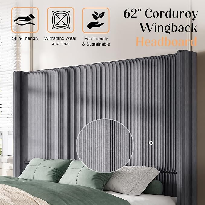 AMERLIFE Queen Size 62" Corduroy Upholstered Bed Frame, Luxurious Platform Bed with Extra Tall Wingback Headboard and Vertical Stripe, No Box Spring Needed/Solid Wood Slats & Legs/Gray