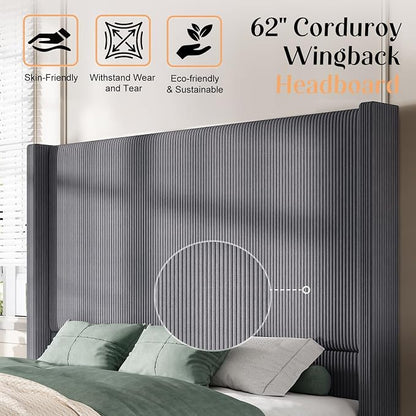 AMERLIFE Queen Size 62" Corduroy Upholstered Bed Frame, Luxurious Platform Bed with Extra Tall Wingback Headboard and Vertical Stripe, No Box Spring Needed/Solid Wood Slats & Legs/Gray