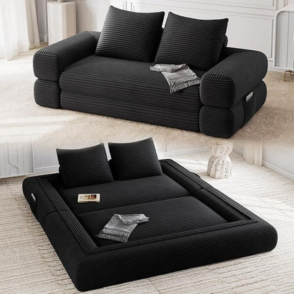 Jocoevol 4-in-1 Convertible Folding Sofa Bed, 78"W x 68"L Queen Size Foldable Sleeper Sofa Bed, Wide Corduroy Upholstery, Boneless Mattress Couch with Armrests & Neck Pillow for Living/Bedroom, Black