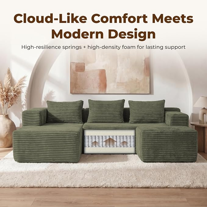 Modular Sectional U-Shaped Sofa with Deep Seat, Modern Boneless Comfy Corduroy Fluffy Couch with Side Pockets and Anti-Slip & Floor-Friendly Bottom for Living Room, No Assembly, Green