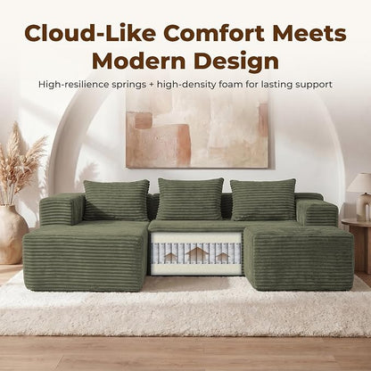 Modular Sectional U-Shaped Sofa with Deep Seat, Modern Boneless Comfy Corduroy Fluffy Couch with Side Pockets and Anti-Slip & Floor-Friendly Bottom for Living Room, No Assembly, Green