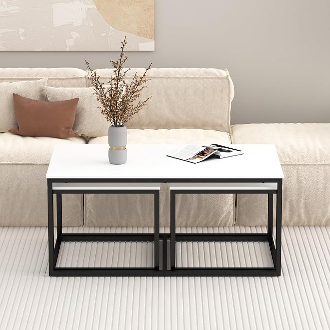 Nesting Coffee Tables,3 Piece Living Room Coffee Table,Industrial Rectangular Coffee Table Set,End Table Side Tables for Living Room Bedroom(White)