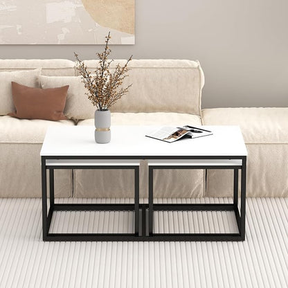 Nesting Coffee Tables,3 Piece Living Room Coffee Table,Industrial Rectangular Coffee Table Set,End Table Side Tables for Living Room Bedroom(White)