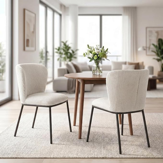 SIMTONAL Upholstered Dining Chairs Set of 2, Corduroy Armless Kitchen Chairs with Memory Foam Seat, Black Metal Legs, Mid Century Modern Accent Seating for Apartment, Vanity, [Beige]