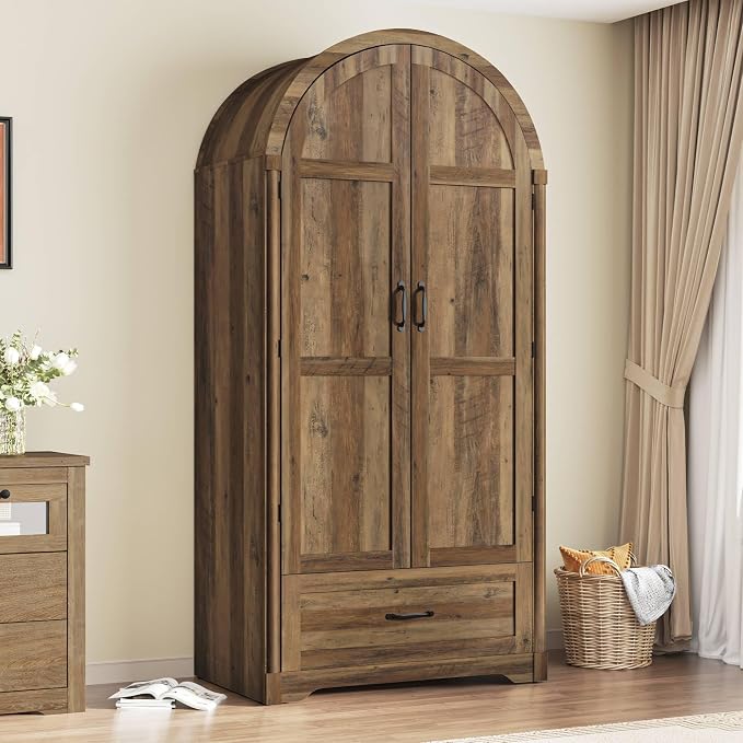 Squireewo 2 Doors Armoire Wardrobe Closet with Doors and Drawers, 71" Farmhouse Arched Wooden Wardrobe Cabinet with Mirror and Lights, Large Armoire Storage Cabinet with Shelves & Hanging Rod,Oak