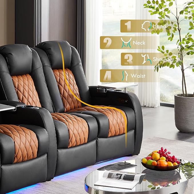 Weilianda Home Theater Seating Top Grain Leather Zero Gravity Recliner Chair Power Headrest Recline Movie Seat Gaming 7 Colors Mood Light Sofa with Tray Table Row of 4 Loveseat Right Black Camel