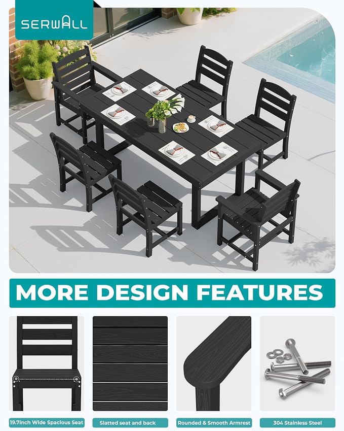 SERWALL HDPE Outdoor Dining Set for 6, 67'' Patio Table and Chairs Set | with Armless Seat