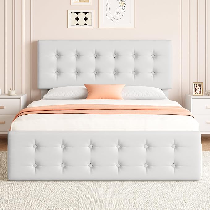 IDEALHOUSE Full Size Bed Frame with 4 Storage Drawers and Headboard, Faux Leather Upholstered Platform Bed Frame with Wooden Slats Support, Button Tufted Design, No Box Spring Needed, White