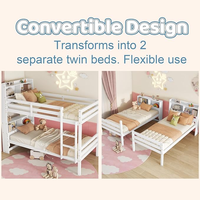Twin Over Twin Bunk Bed with Storage Bookcase Headboard for Kids Boys Girls Teens, Rubber Wood Bunk Beds Frame with Storage Shelves, Can Be Separated into 2 Platform Beds, White