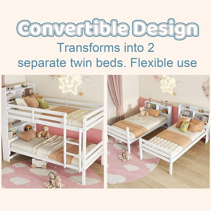 Twin Over Twin Bunk Bed with Storage Bookcase Headboard for Kids Boys Girls Teens, Rubber Wood Bunk Beds Frame with Storage Shelves, Can Be Separated into 2 Platform Beds, White