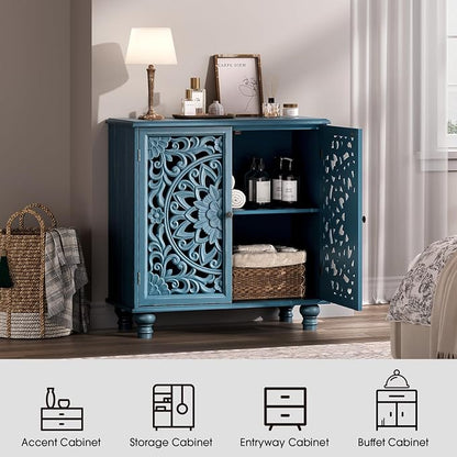 JOINICE 31" Accent Storage Cabinet with Carved Doors,Mandala Blue | Carved Floral Design, Solid Wood Legs, Versatile Storage for Living Room & Bedroom & Hallway, Adjustable Shelf, Easy Assembly