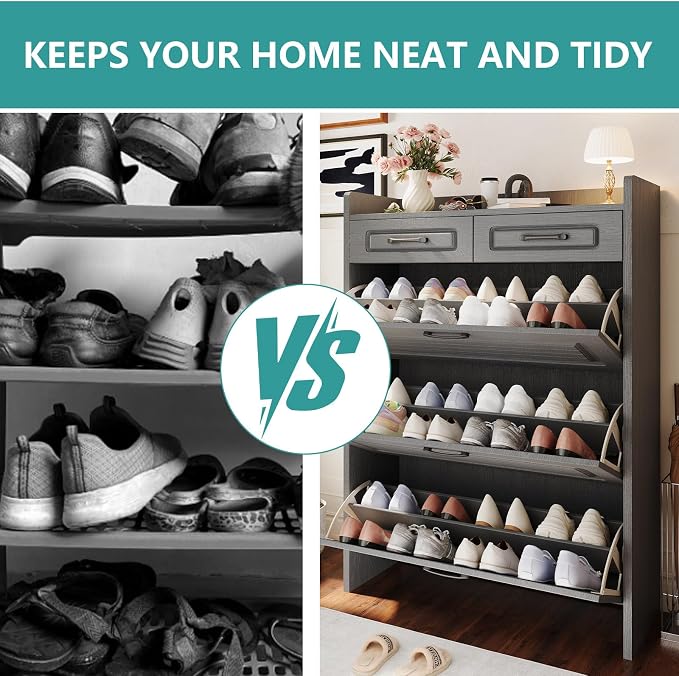 Shoe Cabinet Storage for Entryway with 3 Large Flip Drawers & 2 Storage Drawers, Narrow Shoe Organizer Cabinet Fits for Kinds of Shoes, Slim Shoe Storage Cabinet for Entryway, Hallway, Dark Grey
