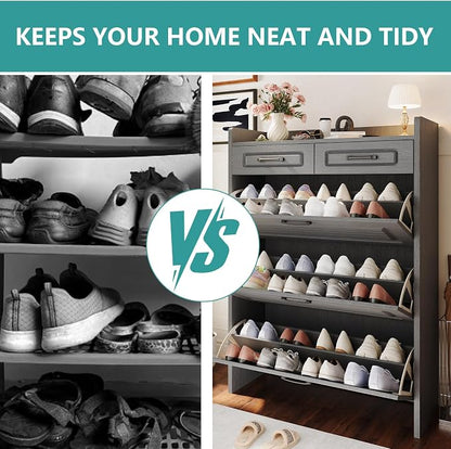 Shoe Cabinet Storage for Entryway with 3 Large Flip Drawers & 2 Storage Drawers, Narrow Shoe Organizer Cabinet Fits for Kinds of Shoes, Slim Shoe Storage Cabinet for Entryway, Hallway, Dark Grey