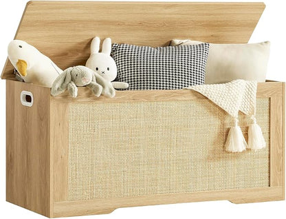 usikey 39.4” Storage Chest, Toy Box with 2 Safety Hinges, Toy Chest for Bedroom, Storage Bench with Storage, Shoe Bench, Supports 220 lb, for Living Room, Entryway, Natural