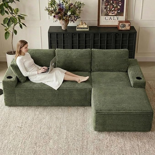 104" Cloud Sectional Couch L-Shaped with Side Pockets Cup Holders, Corduroy Boneless Couch for Living Room,Upholstered Deep-Seat Modular Sectional Sofa, No Assembly Required(Green,Right Facing Chaise)
