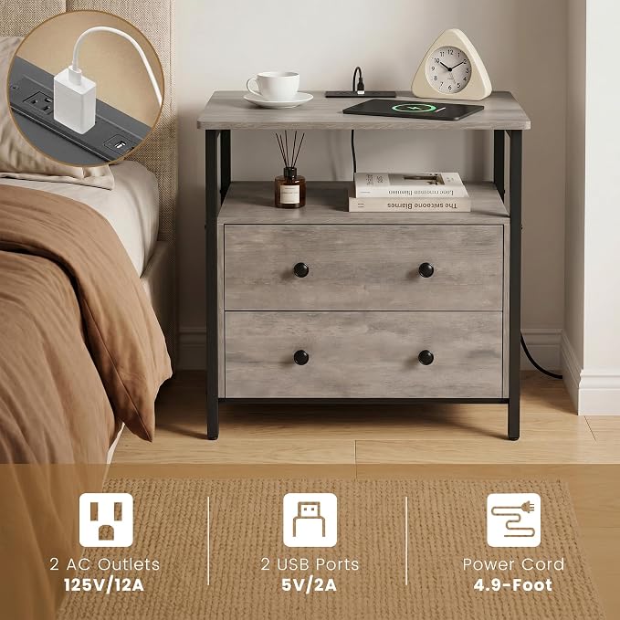 Edbuosy 27 inch Wide Night Stand with Charging Station, Bedside Table with Open Shelf, 2 Drawers Small Wood Dresser, Modern Wood Nightstand for Bedroom/Living Room, Rustic Gray