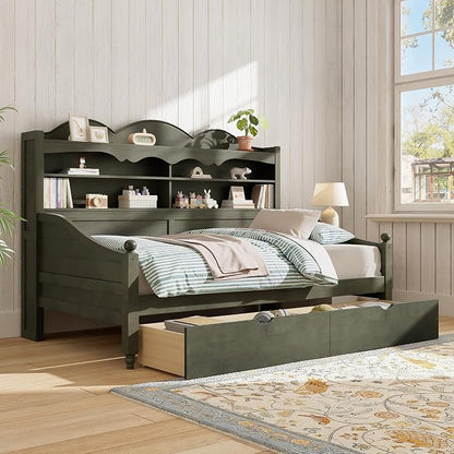 Merax Twin Daybed with Storage Drawers, Wood Twin Day Bed with 3-Tier Storage Headboard Shelves, Retro Style Twin-Size Daybed for Bedroom Guest Room, No Box Spring Needed, Easy Assembly, Grey