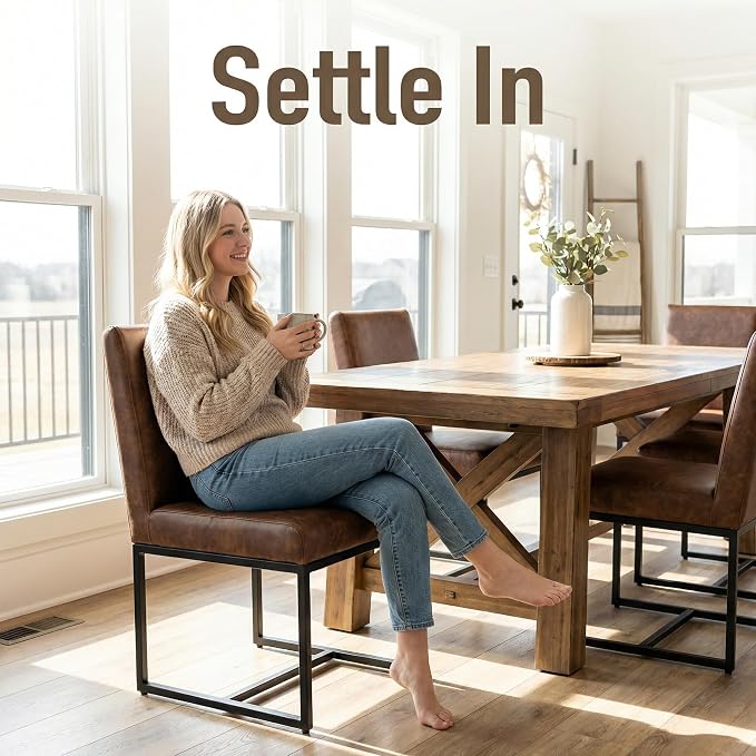 HNY Modern Dining Chairs Set of 6, Upholstered Leather Dining Room Chairs with Ergonomic Back & Metal Frame for Home, Kitchen, Apartment, Brown