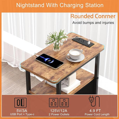 sthmec Narrow End Table with Charging Station, Narrow Side Table with 2 Fabric Drawers, LED End Table, Slim Nightstand with LED Light, Small Side Table for Small Space,Living Room,Bedroom,Rustic Brown