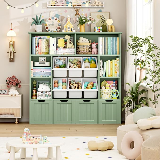 FINETONES Toy Storage Organizer with 6 Toy Bins, Large Toy Organizers and Storage with 4 Movable Drawers and 6 Storage Cubbies, Kids Toy Storage and Toy Chest for Playroom and Kids Room, Green | Toy Storage Organizer and Kids Bookshlef with Toy Bins