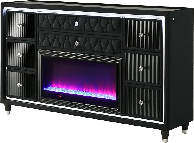 Coaster Home Furnishings - Lorient - Wood and Velvet - 8-Drawer Dresser with Flame Box, LED Lighting, Crystal Knobs and Traditional Style - Bedroom - Black - 223163FB