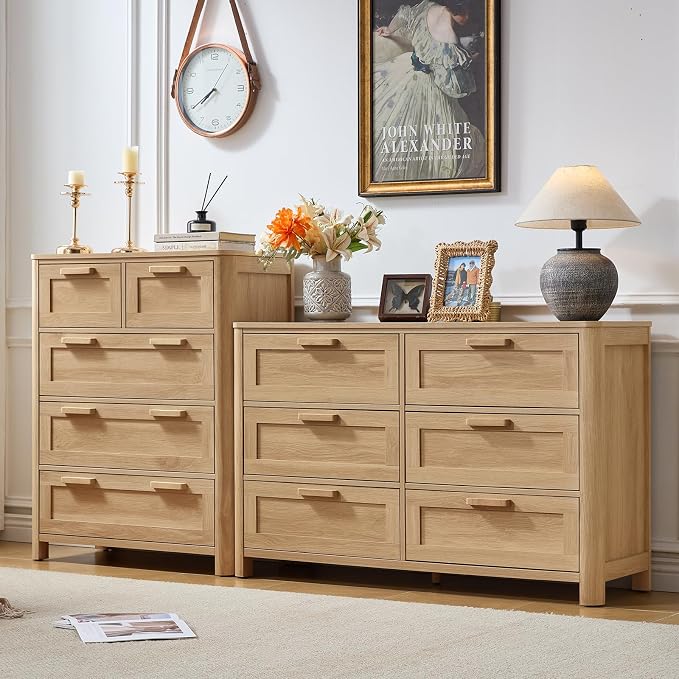 Joaxswe Farmhouse 6 Drawer Dresser for Bedroom, Horizontal Dressers with 6 Deep Drawers & 4 Thickened Table Legs, Natural